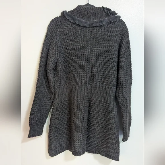 Sioni Gray Wool Blend Rabbit Fur Trim Thick Cable Knit Chunky Cardigan Sweater L - Picture 2 of 10
